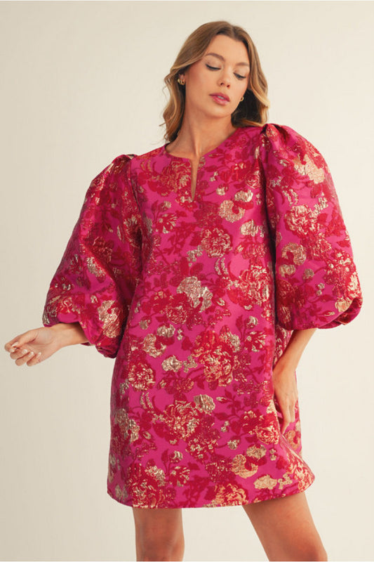 Puff sleeves floral jacquard dress