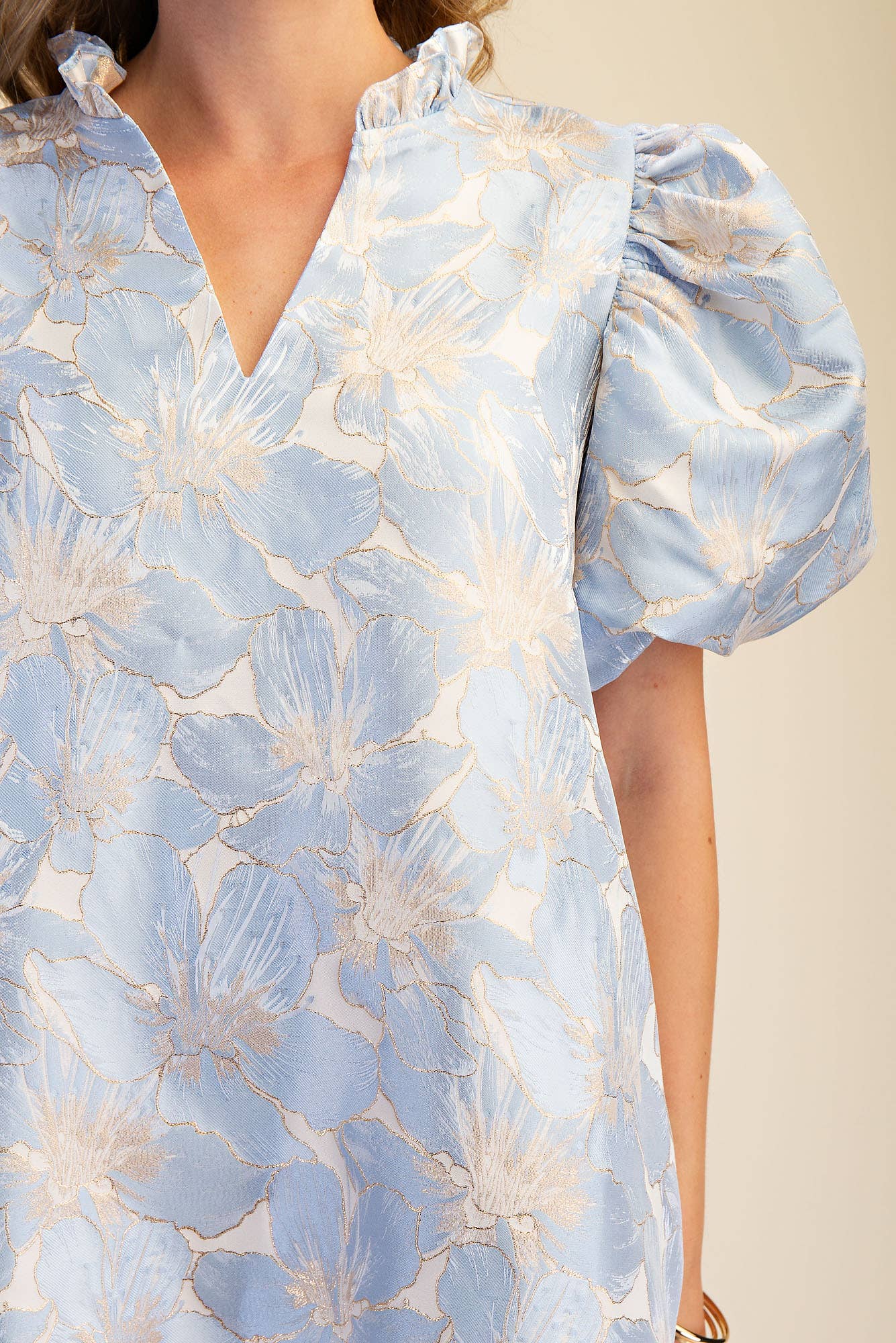 Ruffle V-Neck Puff Sleeve Mini Dress Sage