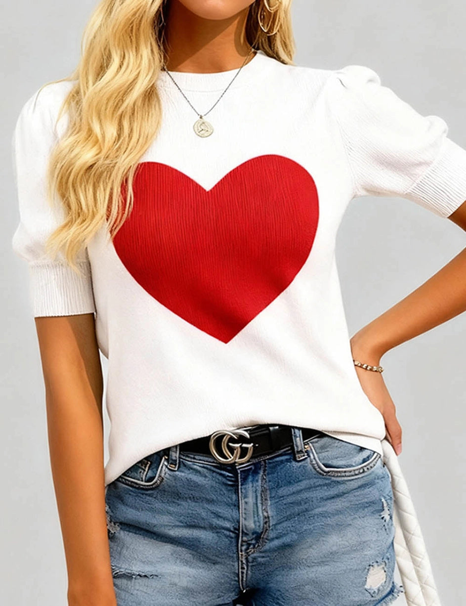 Valentine's Rib Knit Heart Short Sleeves Sweater