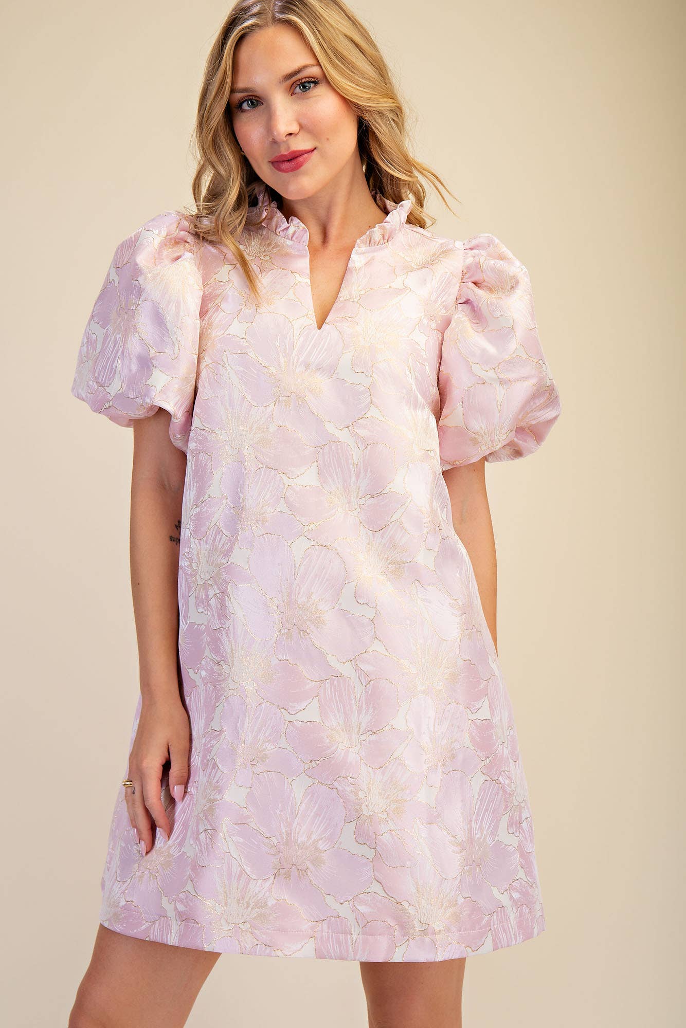 Ruffle V-Neck Puff Sleeve Mini Dress Sage