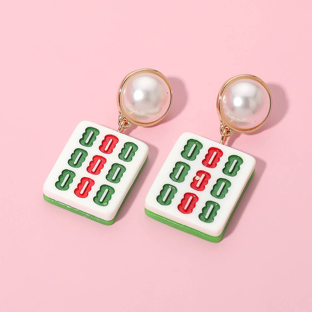 Pearl Mahjong Tile Drop Earrings Square - The Season Boutique
