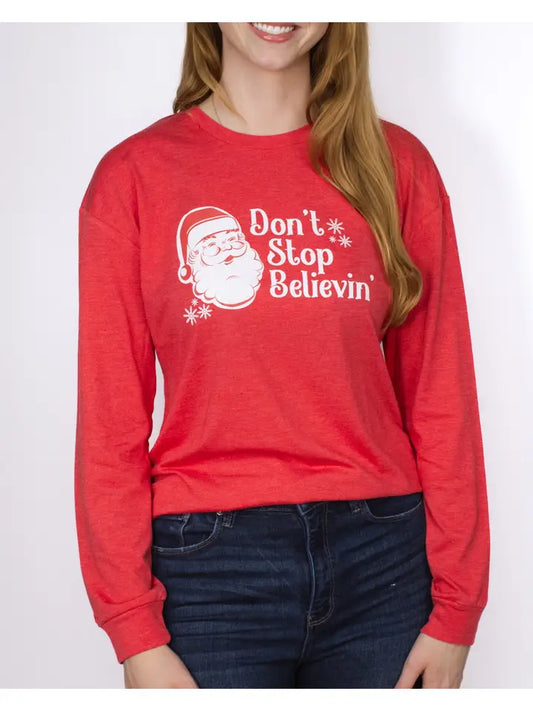 Don't Stop Believin' Long Sleeve Crew Neck T-Shirt Red
