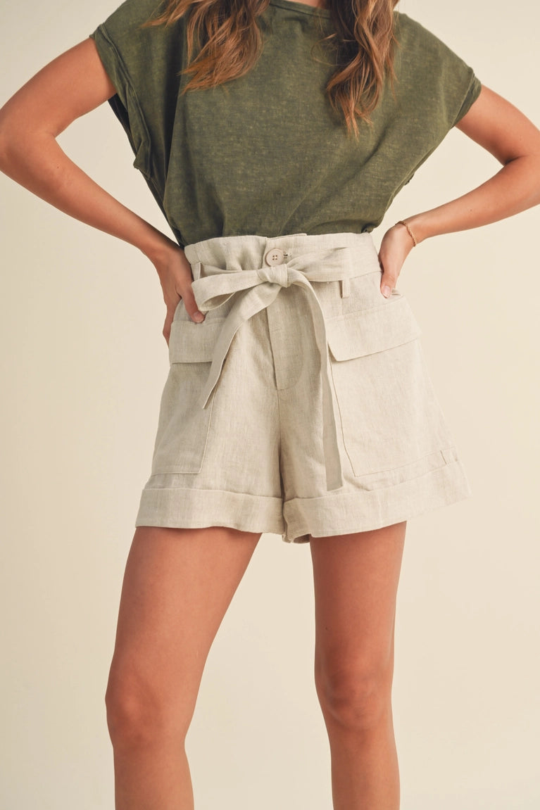 Paper Bag Waist Linen Shorts