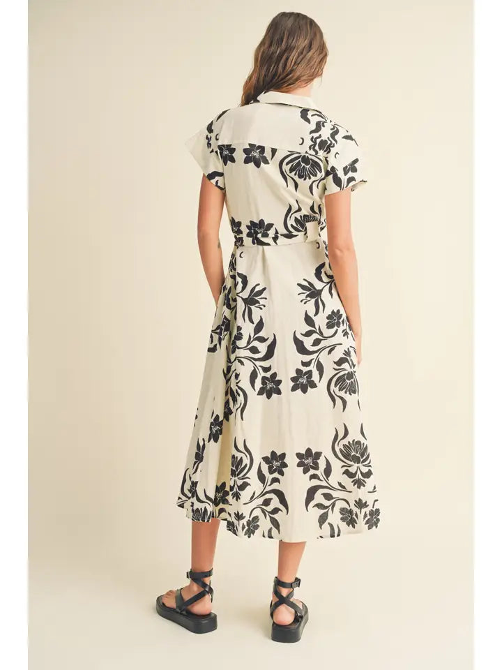 Print Button Down Flare Long Dress