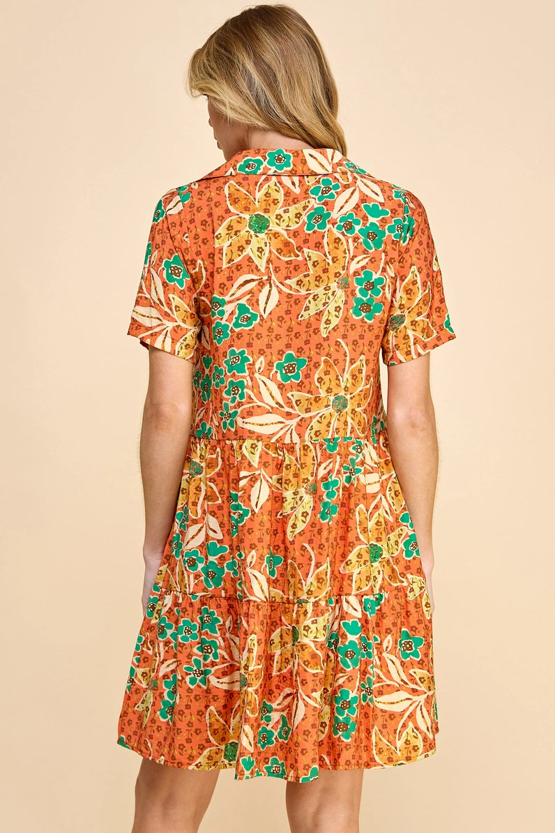 Three Layered V Neck Floral Printed Dress with Buttons