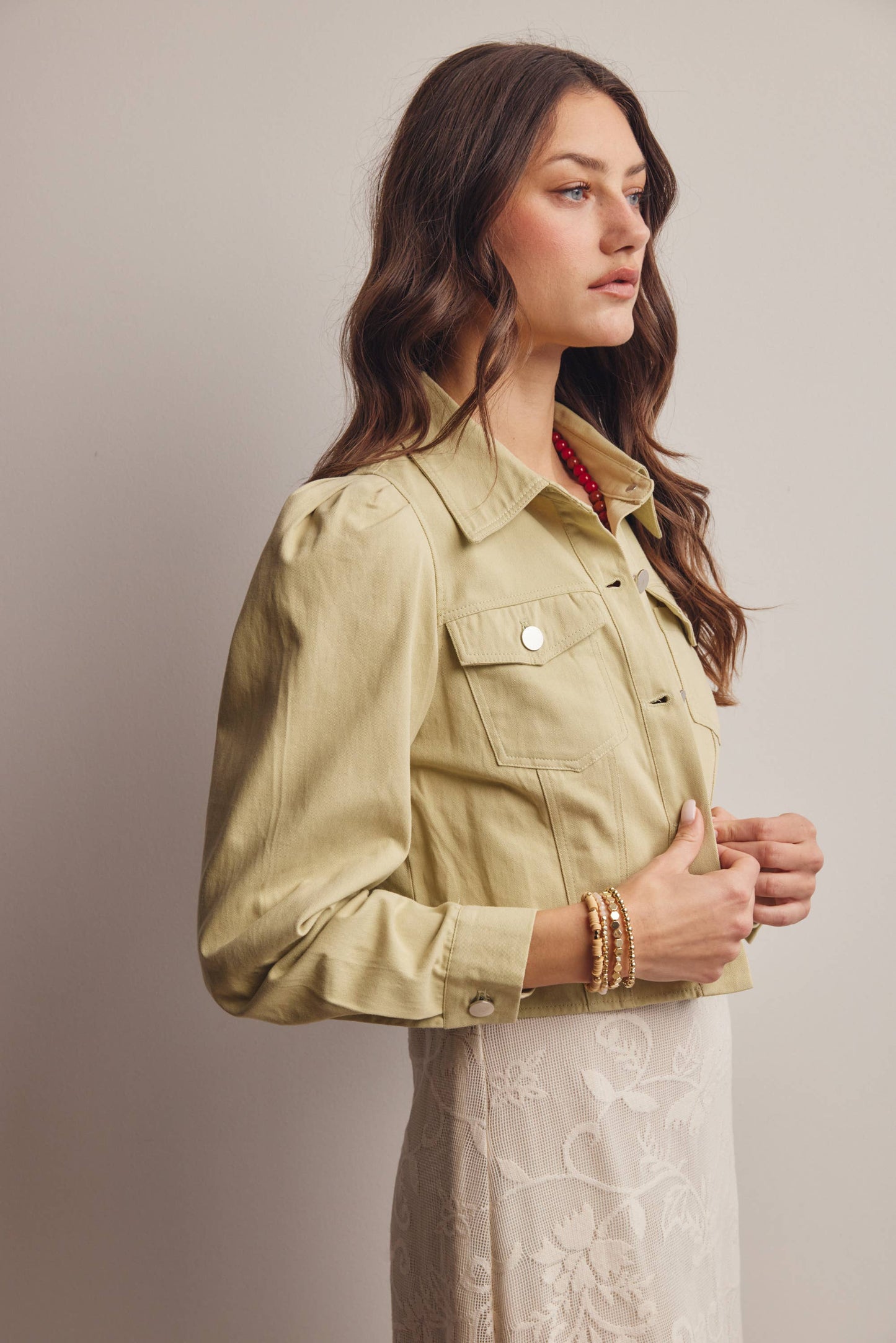 Lightweight Twill Puff-Sleeve Cropped Jacket - The Season Boutique