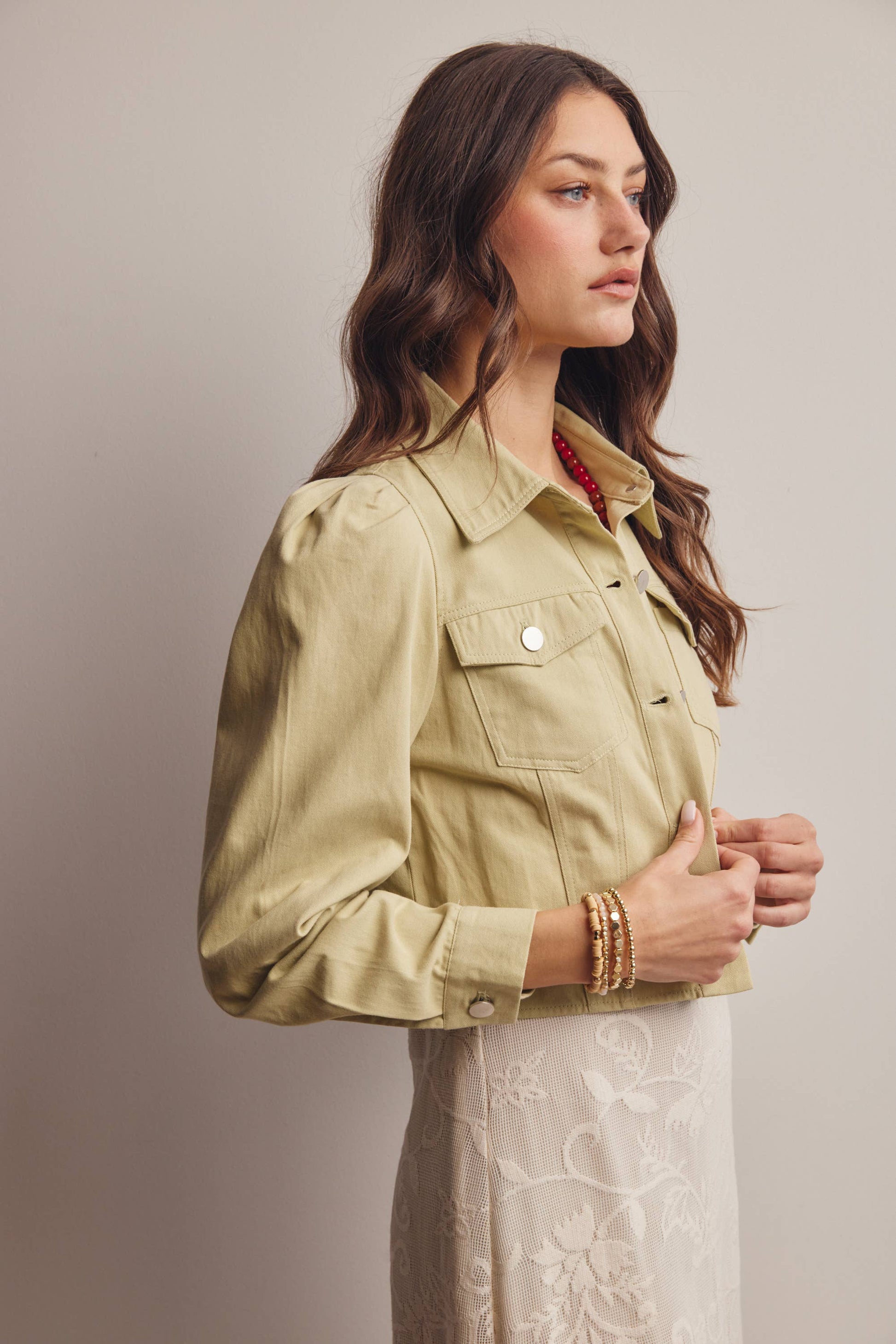 Lightweight Twill Puff-Sleeve Cropped Jacket - The Season Boutique