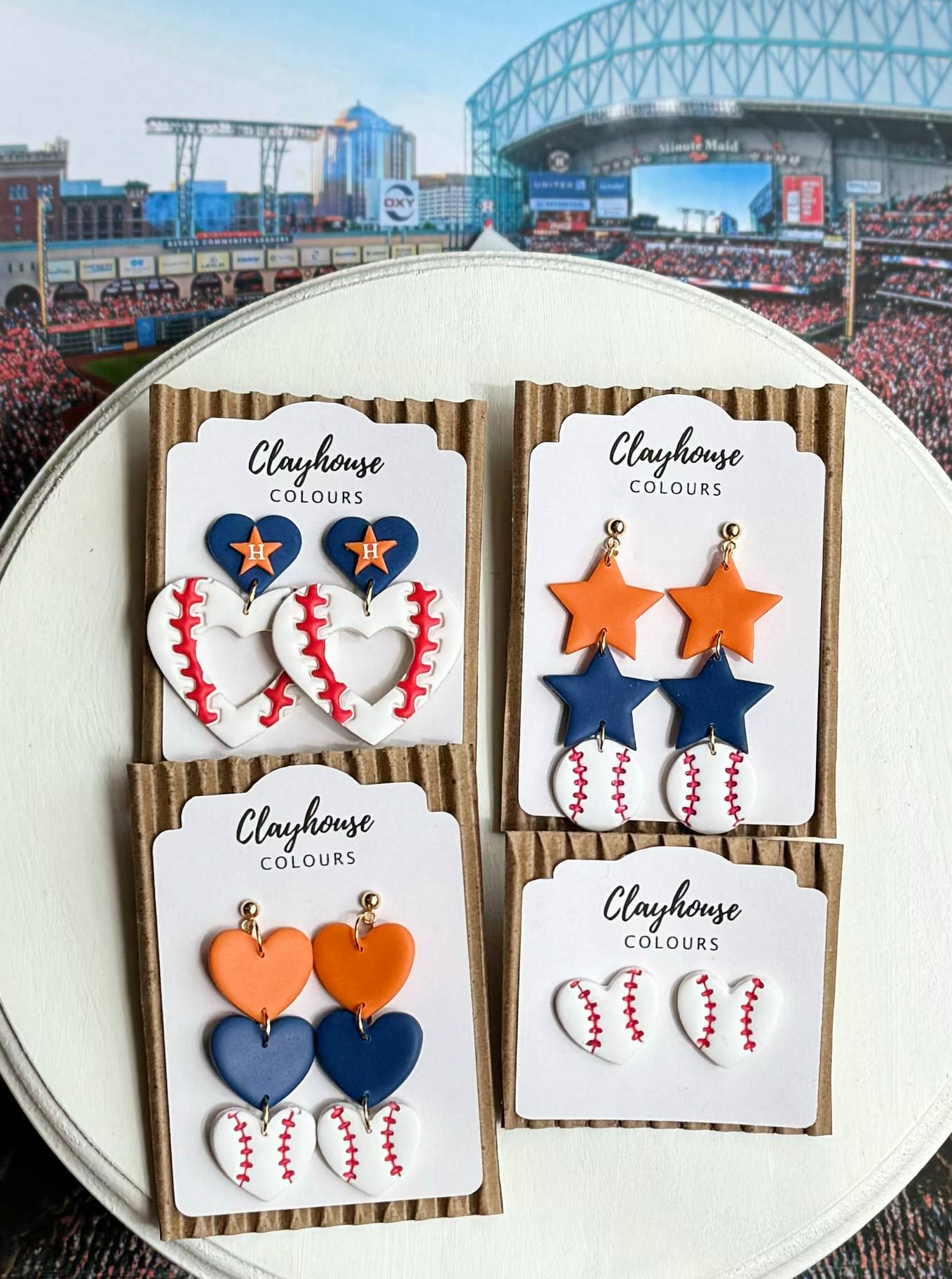 Astros Clay Earrings: Baseball Heart Studs - The Season Boutique
