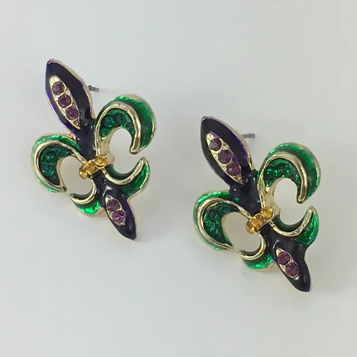 Mardi Gras Fleur De Lis Enamel Post Earrings