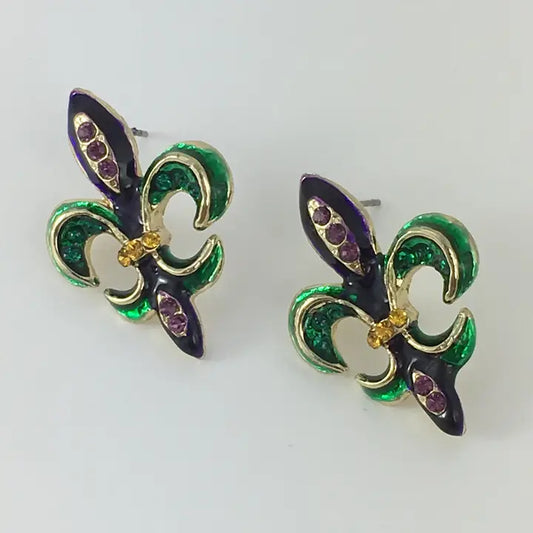 Mardi Gras Fleur De Lis Enamel Post Earrings