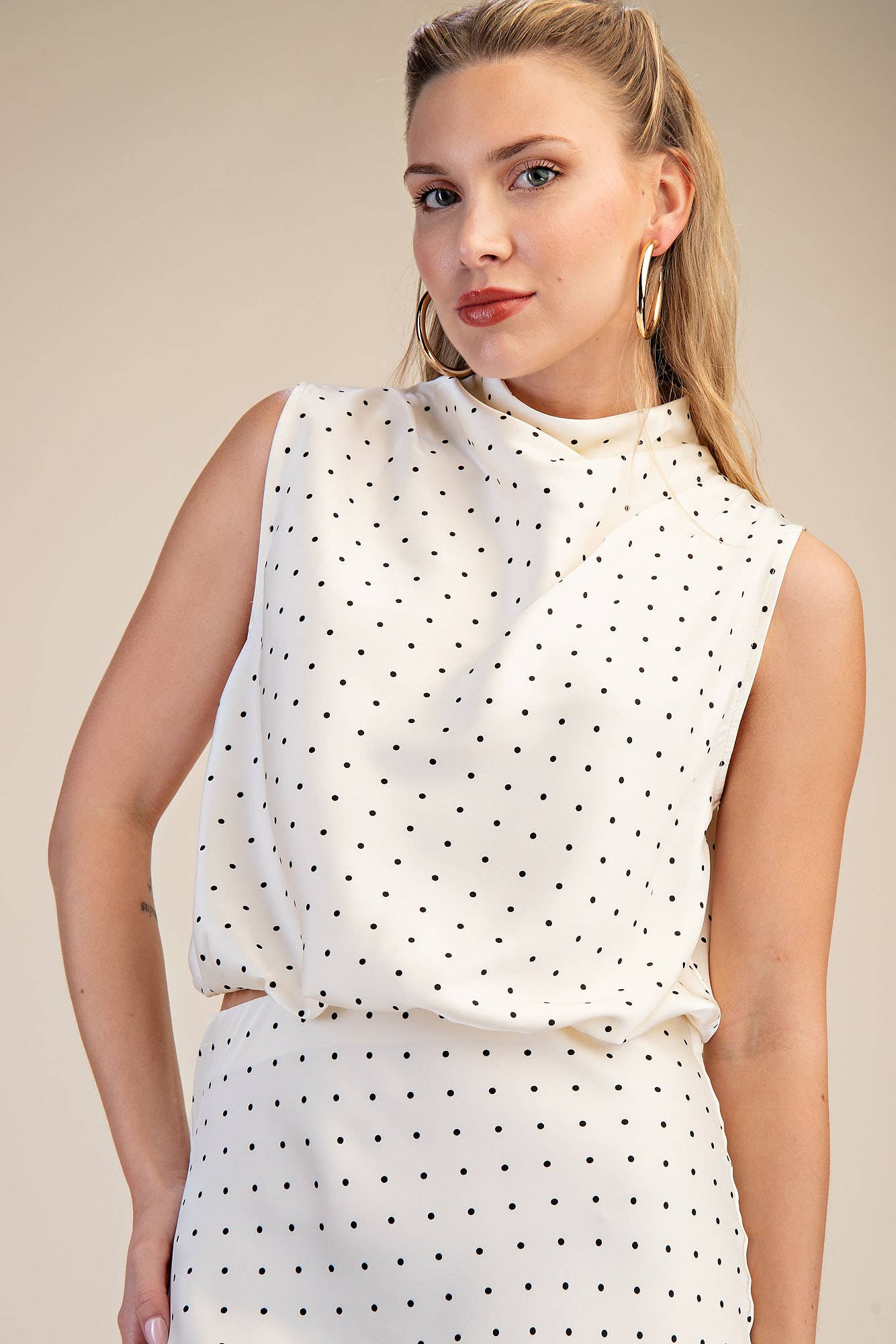 High Neck Sleeveless Polka Dot Top