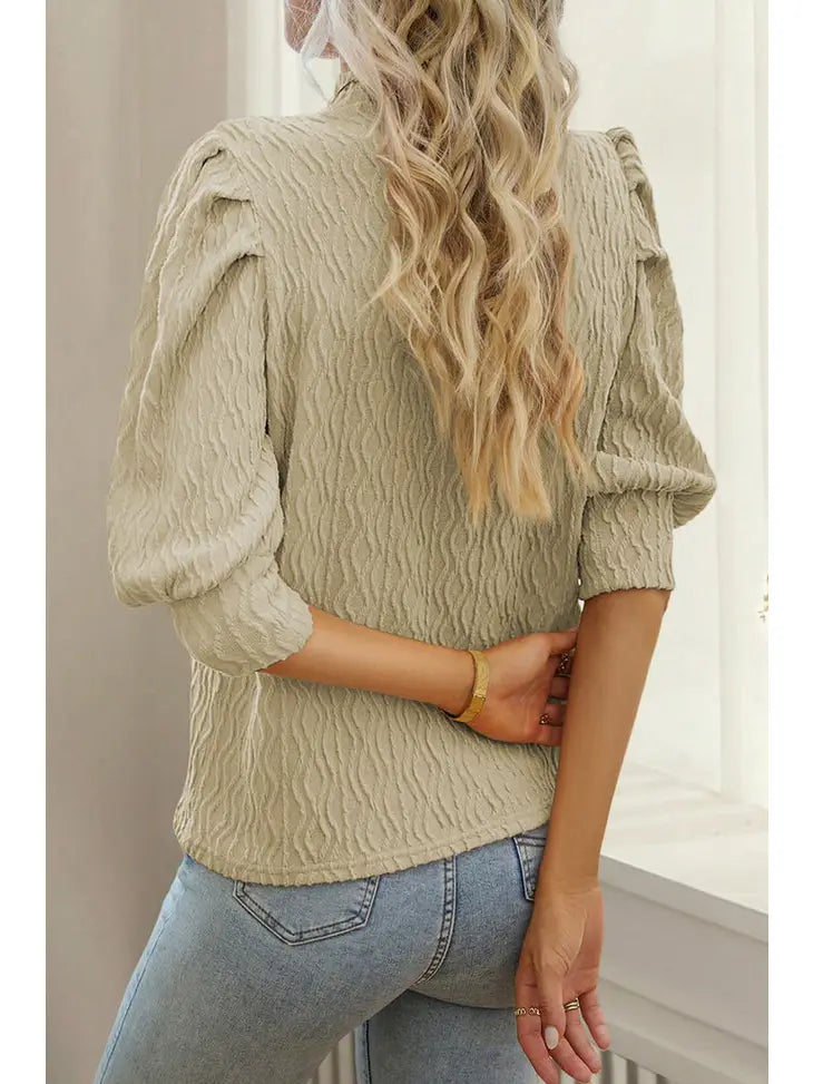 Pleated Puff Sleeve Mock Neck Top