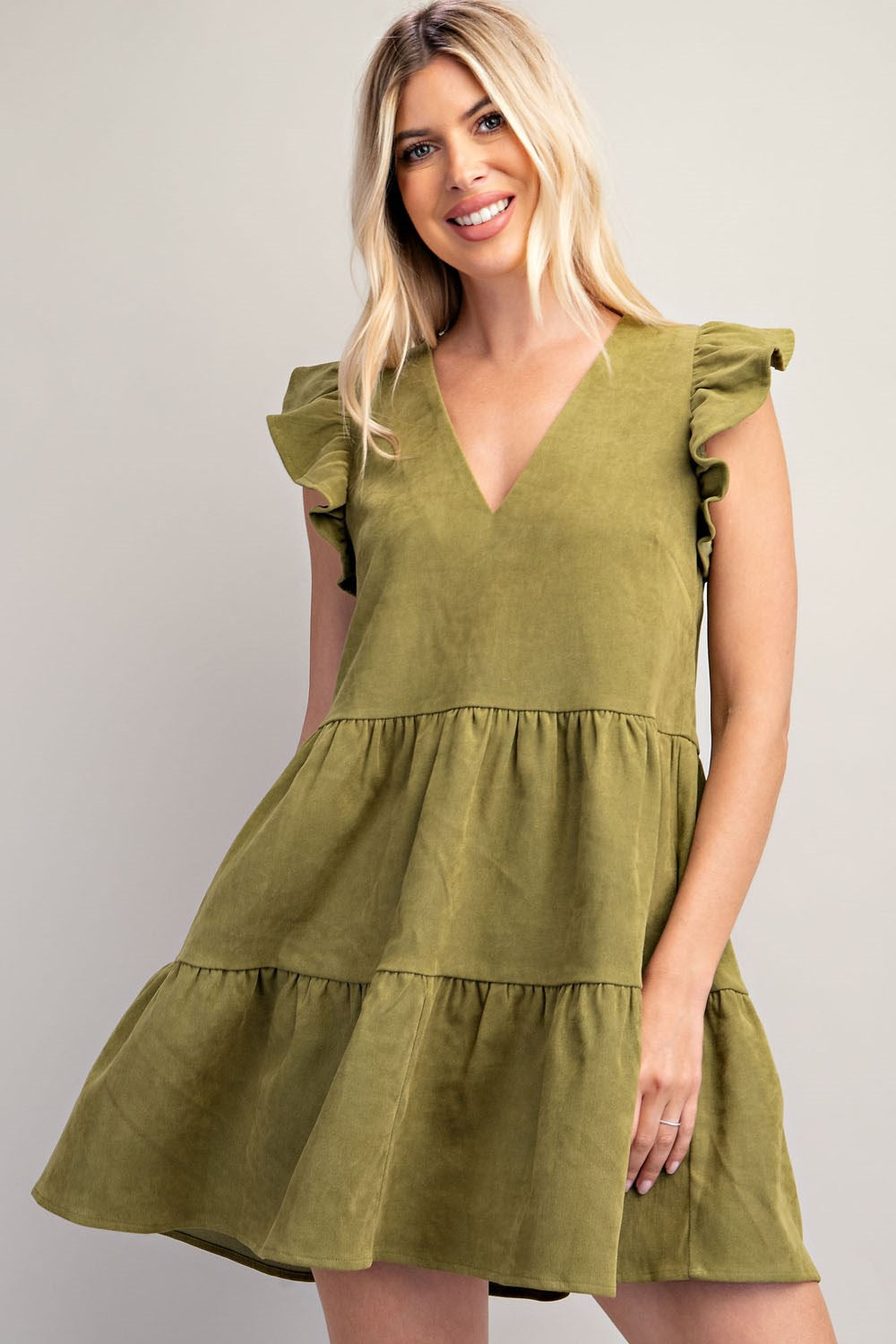 V-Neck Flutter Sleeve Dress