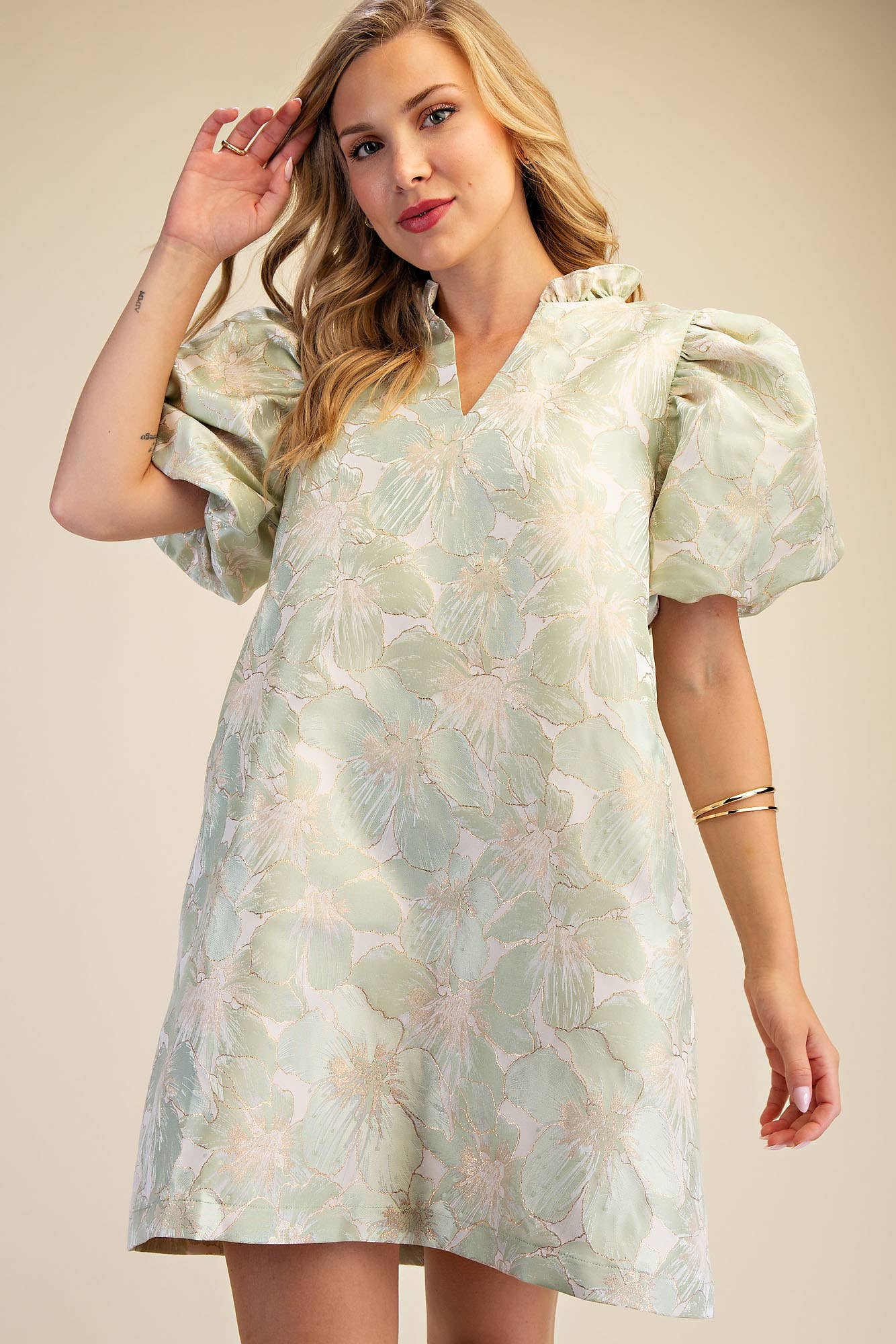 Ruffle V-Neck Puff Sleeve Mini Dress Sage