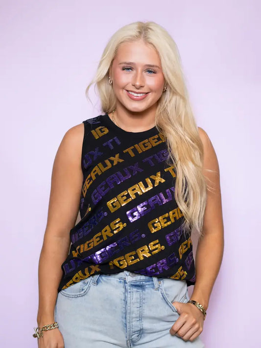 LSU Geaux Tigers Varsity Block (Licensed) | Sequin Tee