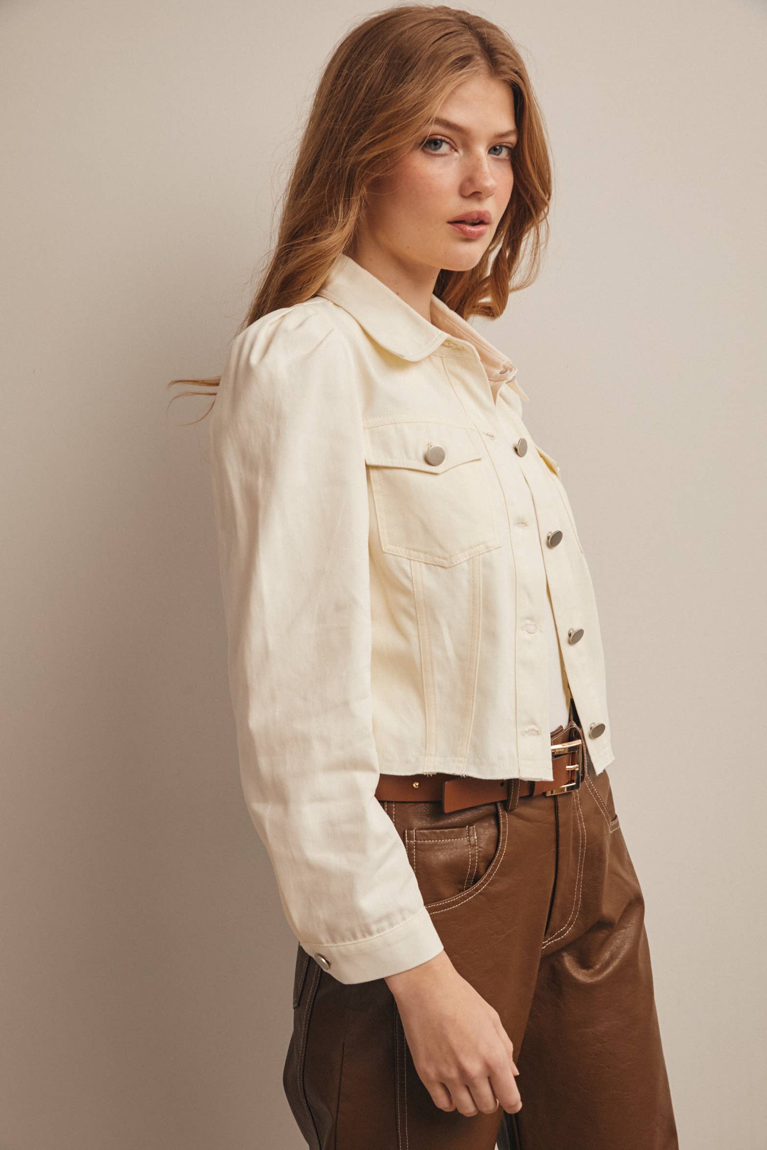 Lightweight Twill Puff-Sleeve Cropped Jacket - The Season Boutique