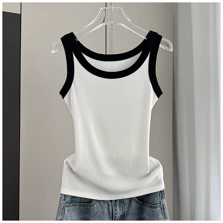 Contrast trim round neck rib fitted tank top: White - The Season Boutique