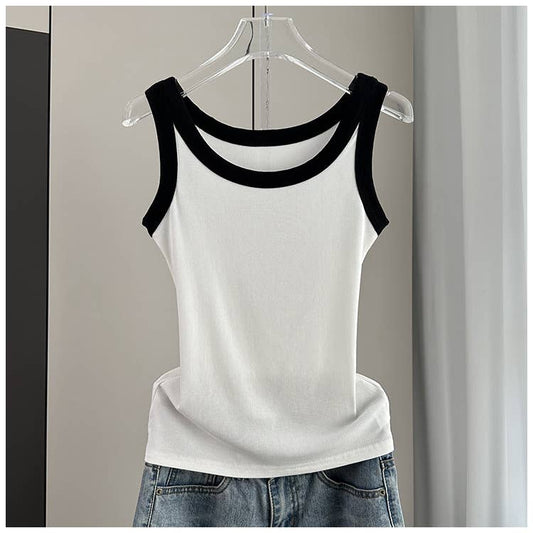 Contrast trim round neck rib fitted tank top: White - The Season Boutique