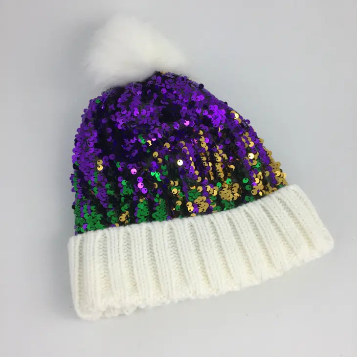 Mardi Gras Sequin Beanie Hat with Pom Pom