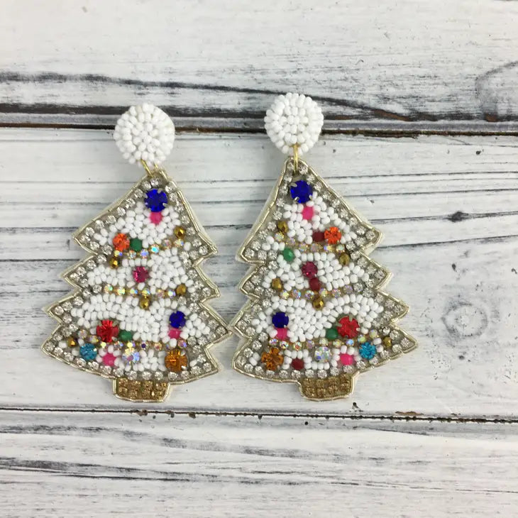 Beaded White Christmas Tree Earrings