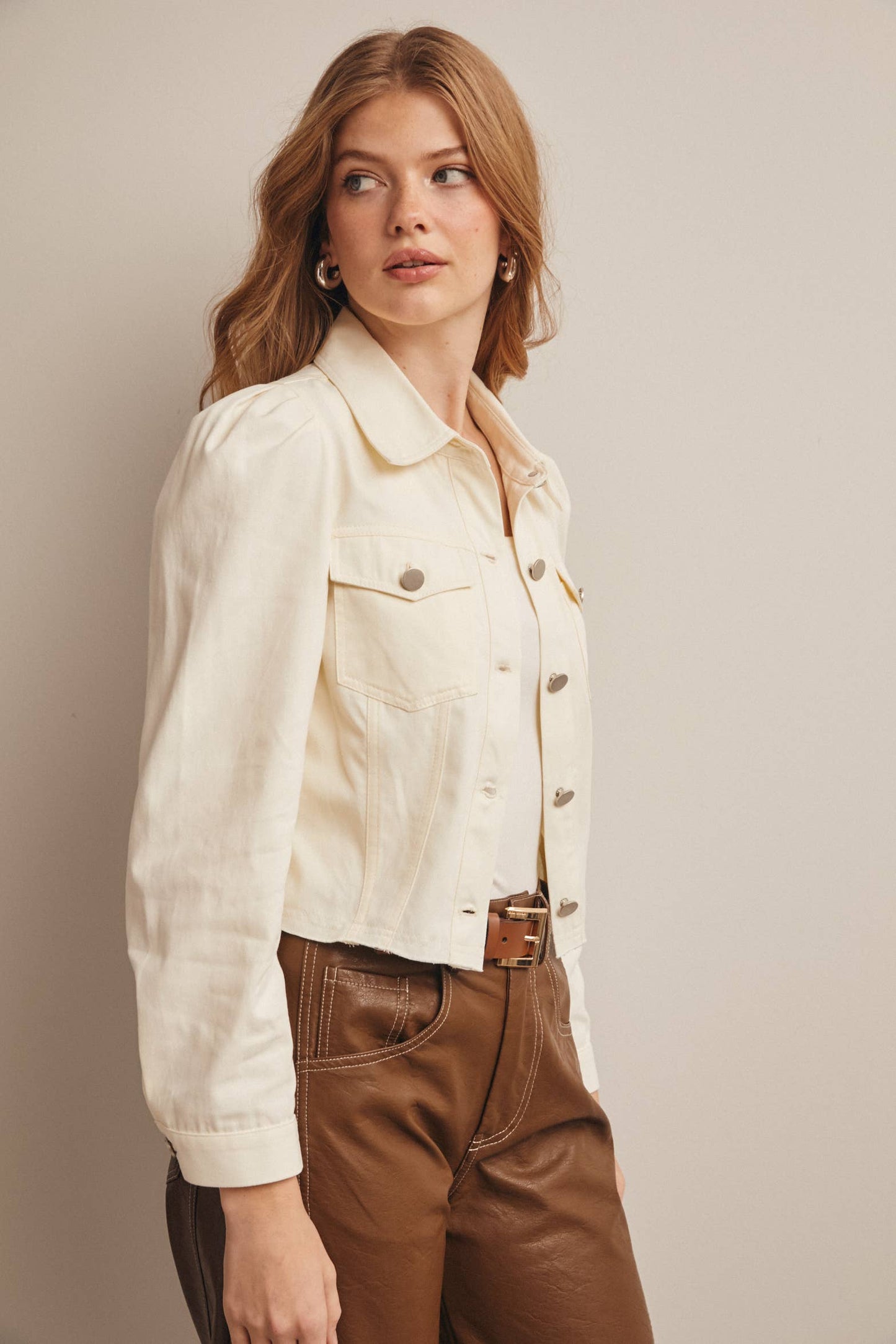 Lightweight Twill Puff-Sleeve Cropped Jacket - The Season Boutique