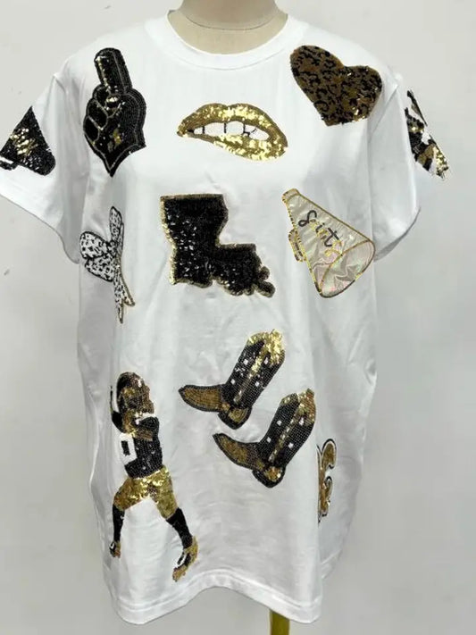 Black and Gold New Orleans Game Day Sequin Spirit T-Shirt