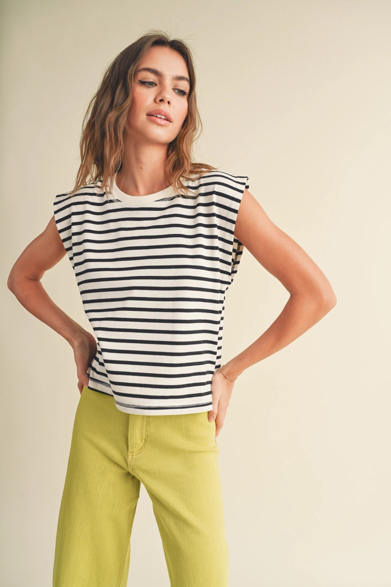 White/Green Striped Sleeveless Top