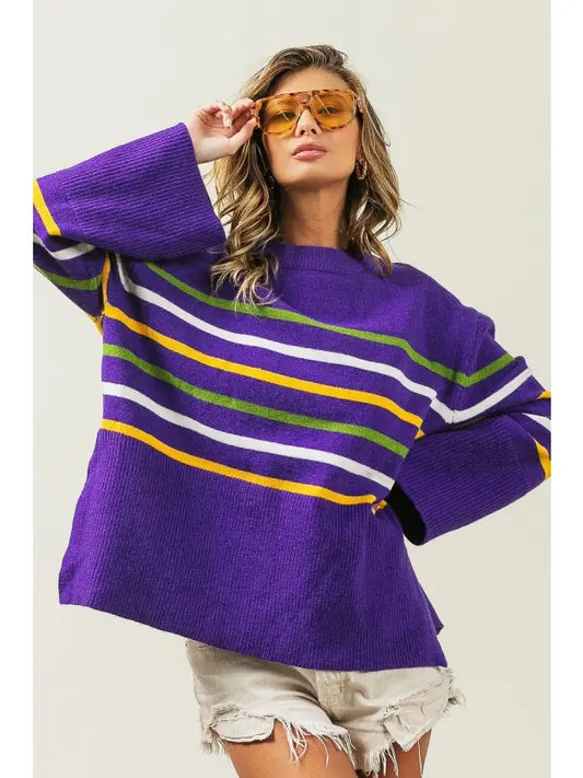 Ribbed Hem Mardi Gras Stripe Sweater