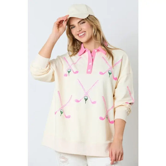 French Terry Collar, Long Slv Top w/ Golf