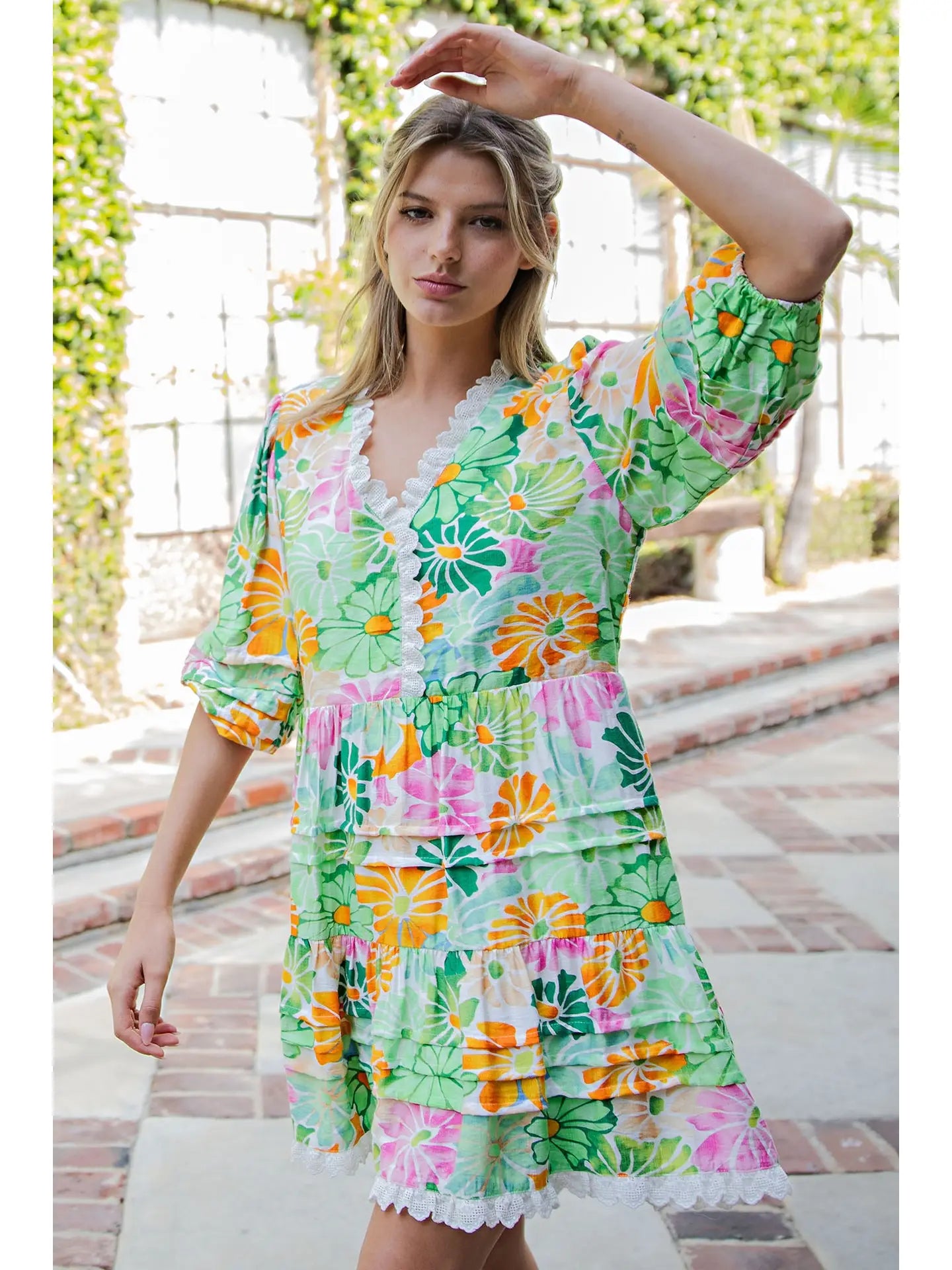 Floral Print Lace Trim Pleated Mini Dress - The Season Boutique