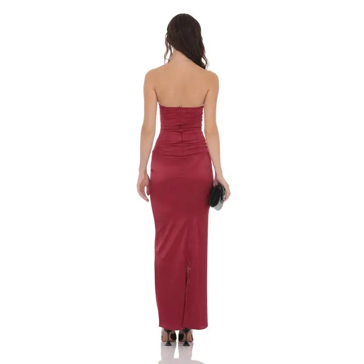 Satin V-Strapless Maxi Dress in Maroon