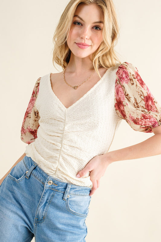 Floral Printed Sleeve Texture Knit Top