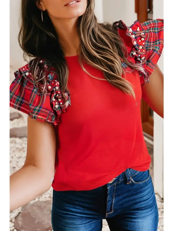 Plaid Pearl Ruffle Short Sleeve