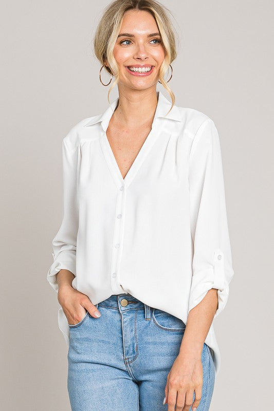 V-Neck Button Rolled Cuff Shirt