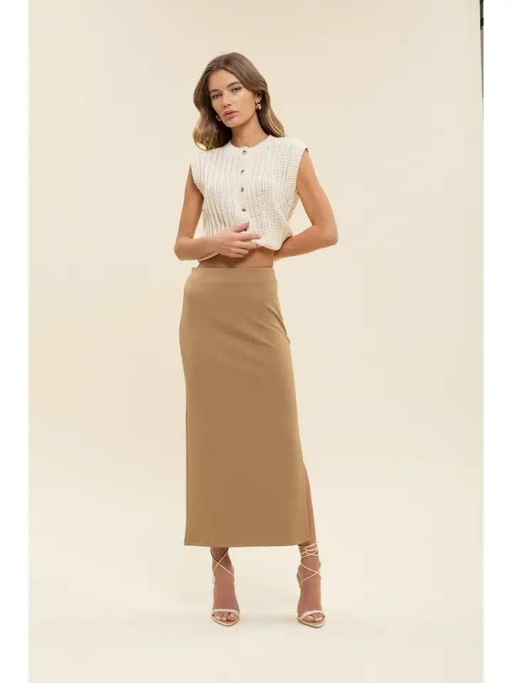 Camel High Waist Side Slit Midi Pencil Skirt