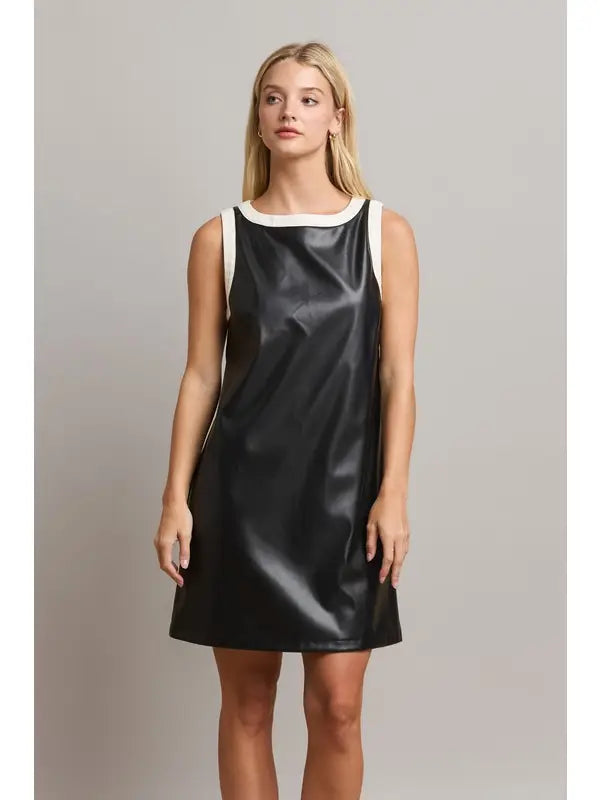 Contrast Trim Vegan Leather Shift Dress - The Season Boutique