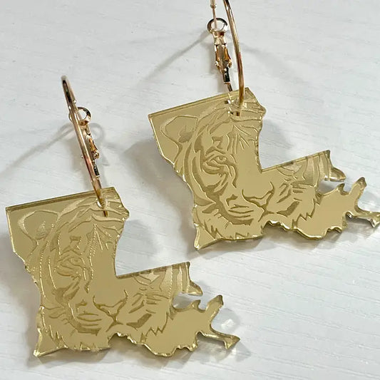 Mirror Gold Acrylic Louisiana State Tiger Face Hoop Earrings