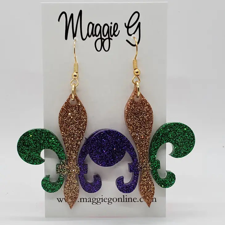 Mardi Gras Glitter Earrings Tri Color Resin