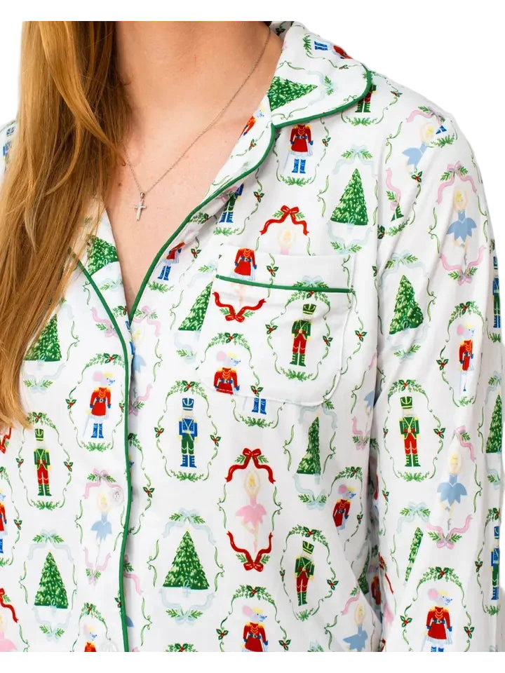 Nutcracker Waltz Long Sleeve Button Up Sleep Shirt White/Multi