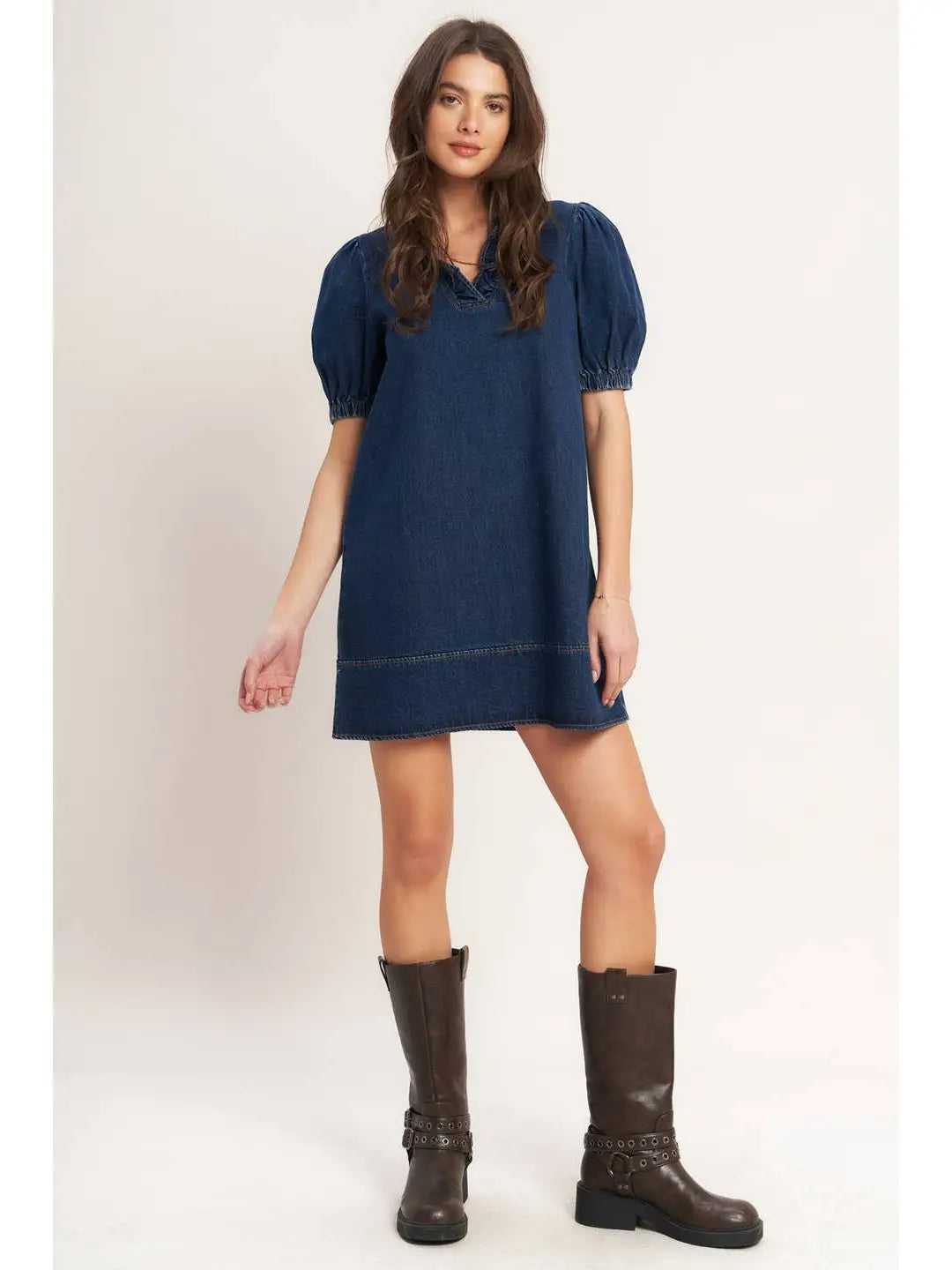 MODERN FOLK TOUCH DNIM MINI DRESS - The Season Boutique
