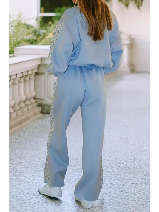 Floral Patchwork Pullover and Sweatpants Lounge Set