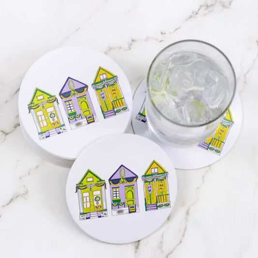 Mardi Gras Houses Reversible Paper Coasters White/Purple/Yellow/Green