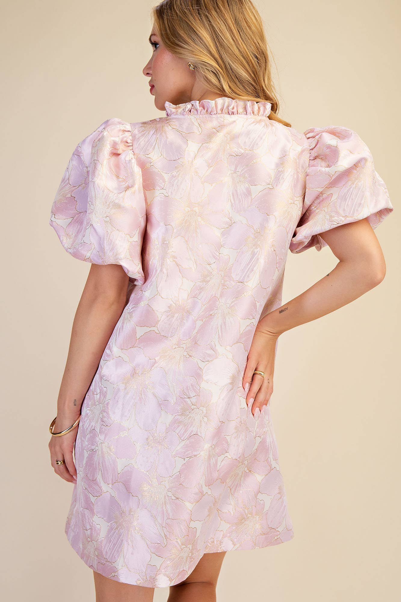 Ruffle V-Neck Puff Sleeve Mini Dress Sage