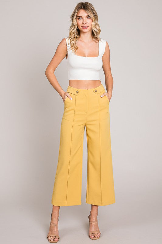 Twill Button Front Seam Wide Pants