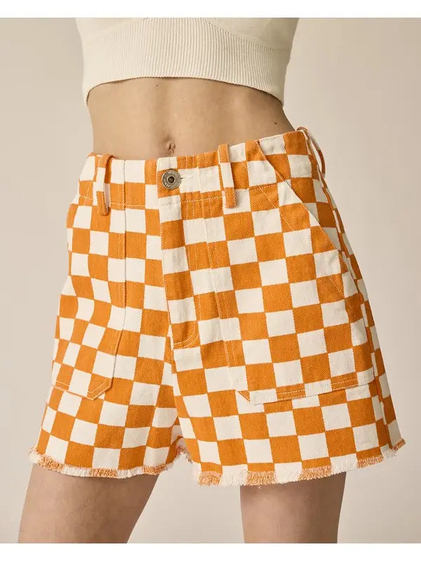 Checkered Denim Shorts