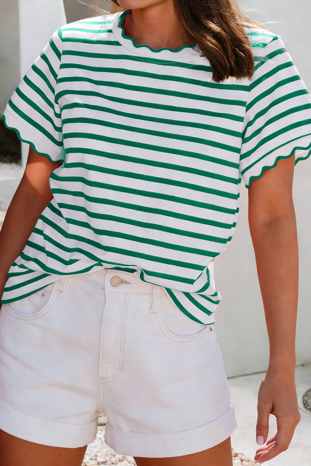 Scalloped Round Neck Stripe Top