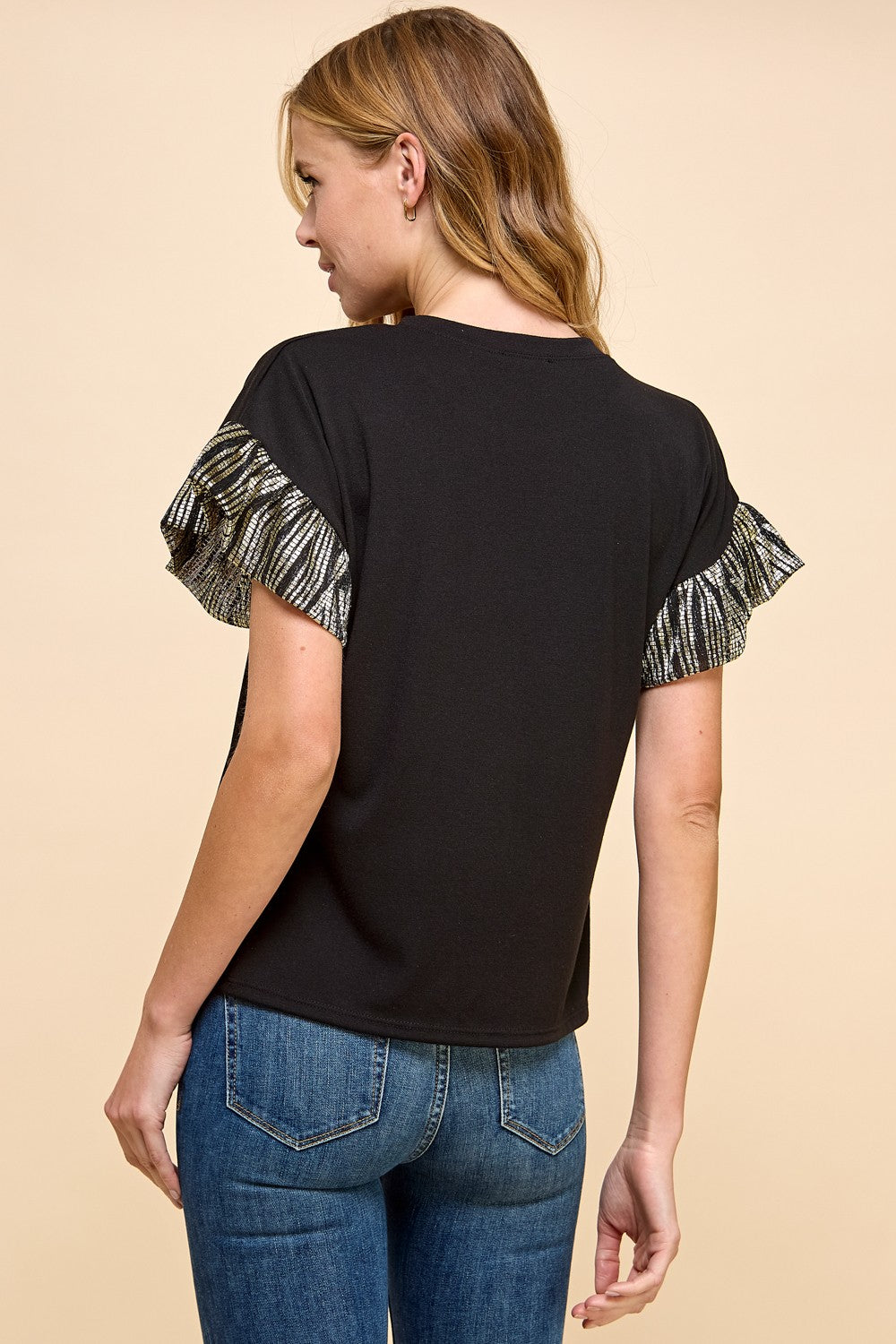 Solid Top with Shinny Detailed Sleeves