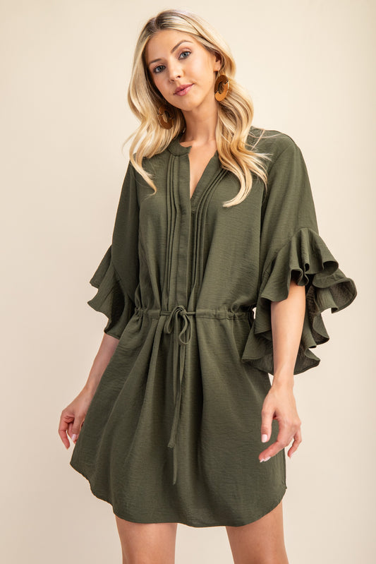 Army Green Bell Sleeve Pintucked Dress