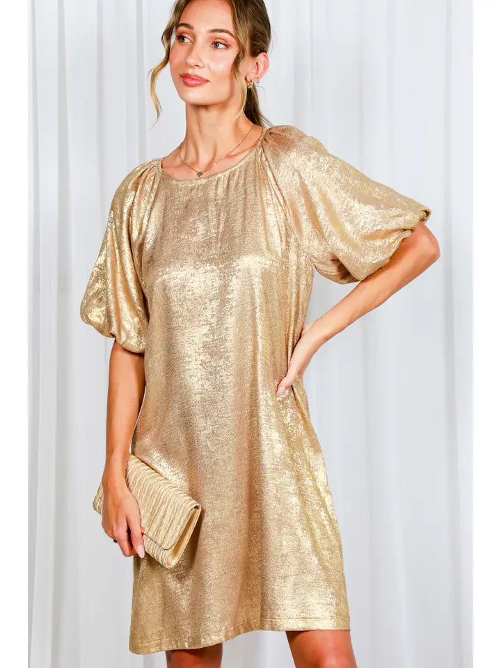 Boat Neck Metallic Foil A-Line Knee Dress