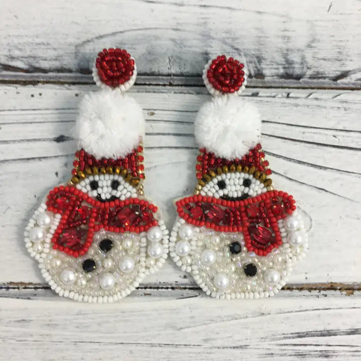 Bead/Stone Snowman Pom Pom Earrings